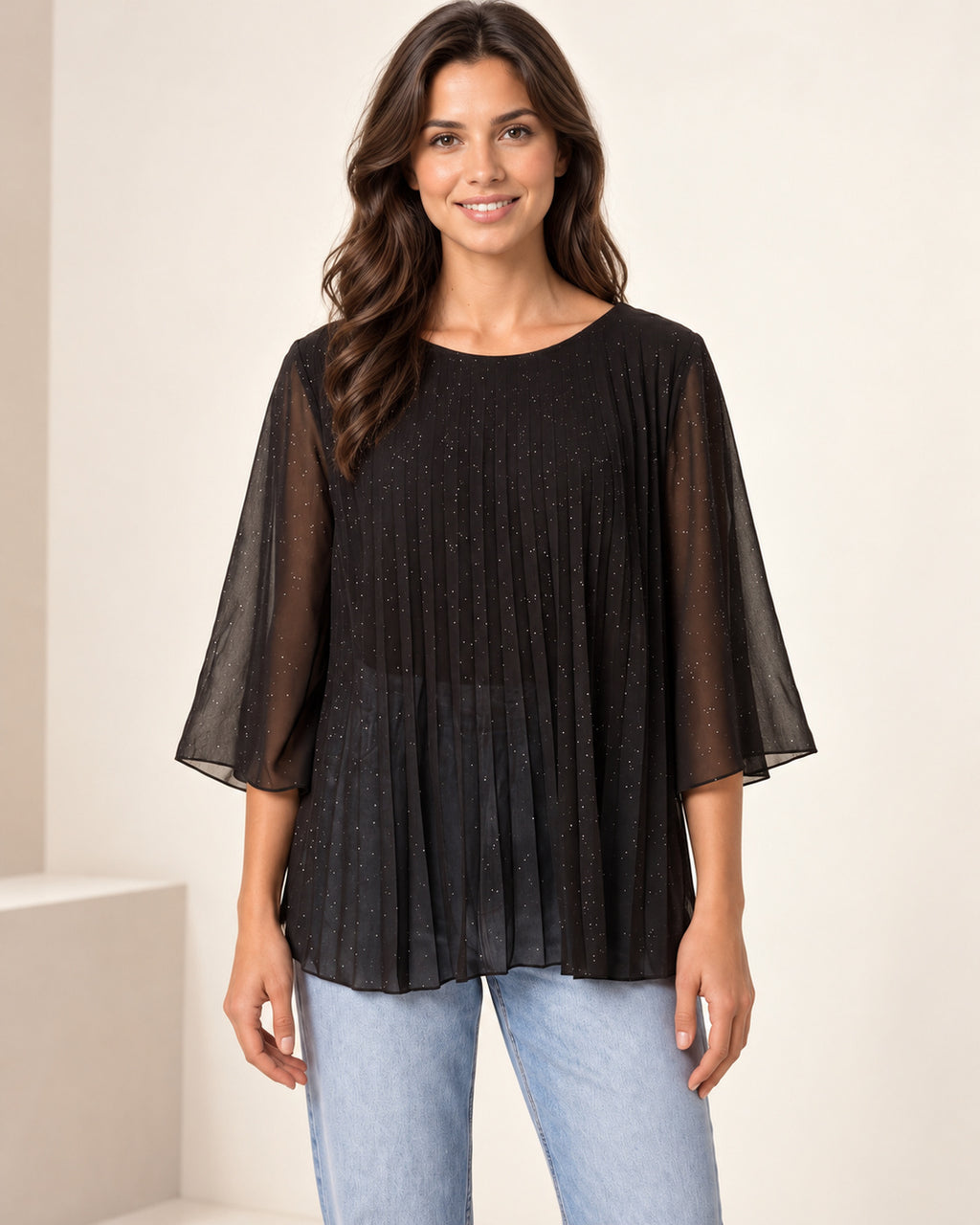 Metallic Glitter Pleated Blouse – Sparkly Evening Top