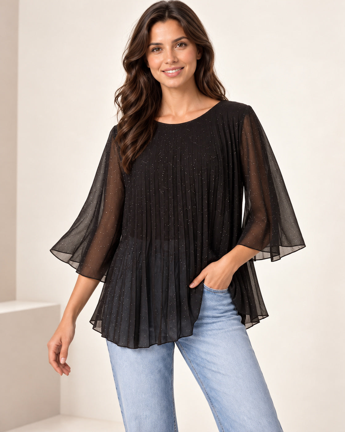 Metallic Glitter Pleated Blouse – Sparkly Evening Top