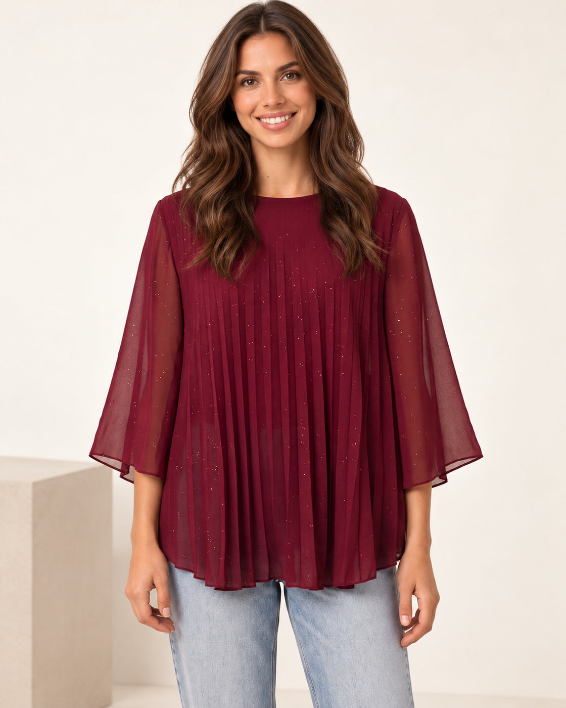 Metallic Glitter Pleated Blouse – Sparkly Evening Top