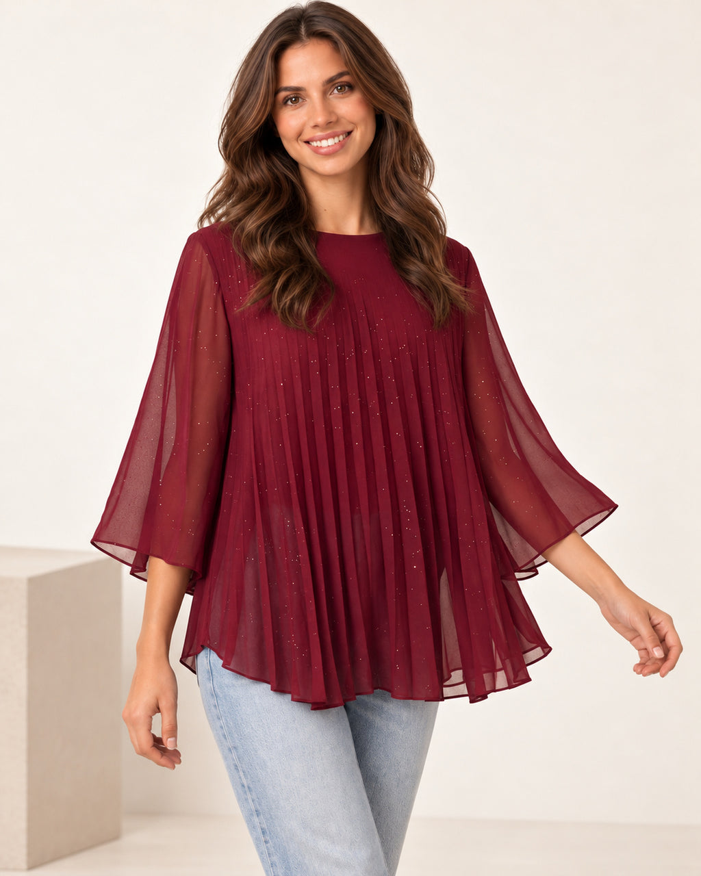 Metallic Glitter Pleated Blouse – Sparkly Evening Top