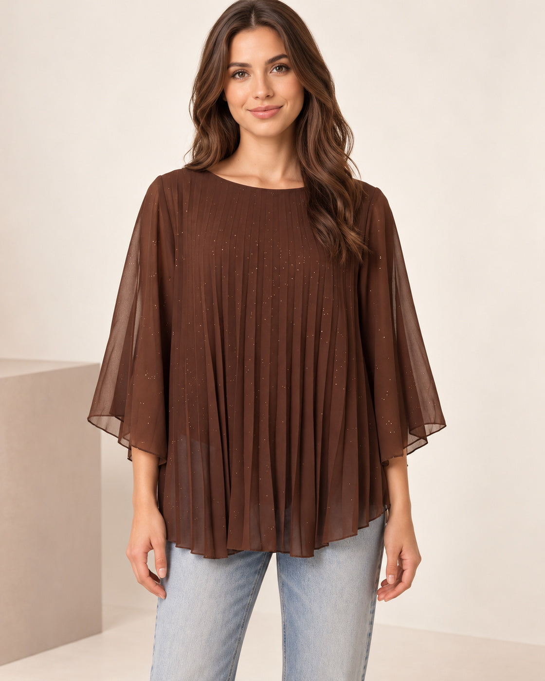 Metallic Glitter Pleated Blouse – Sparkly Evening Top