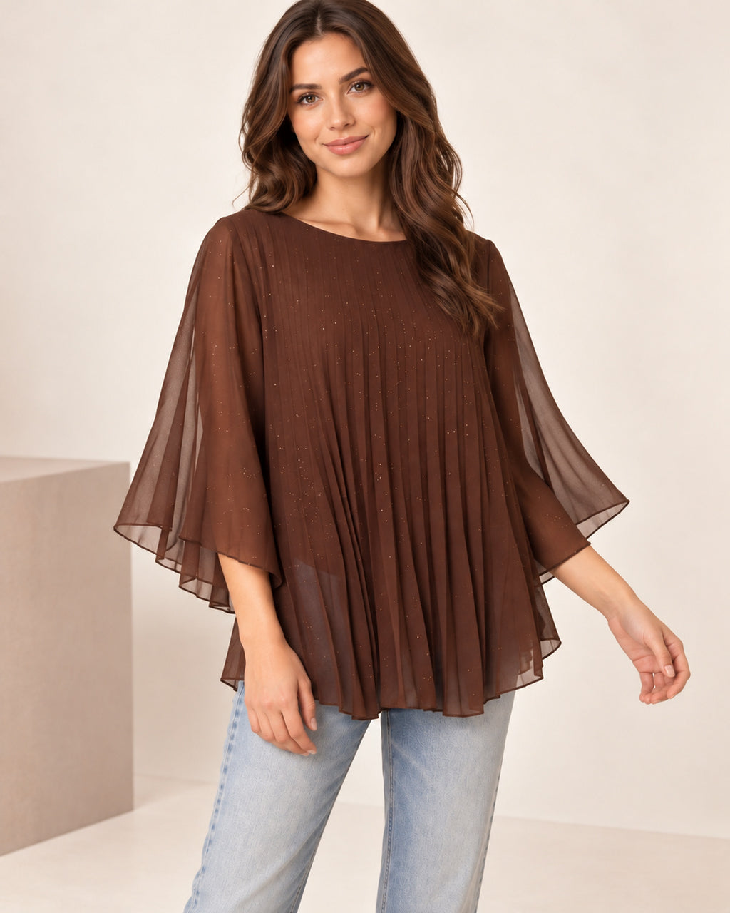 Metallic Glitter Pleated Blouse – Sparkly Evening Top