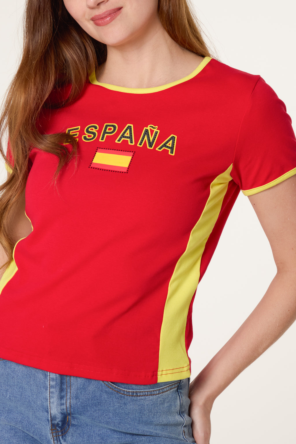 Spain Printed Women’s T-Shirt – Red Fitted Sports Style Tee