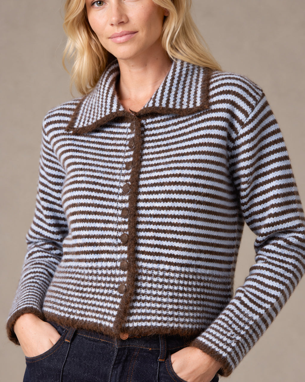 Mini Collar Striped Button Through Knit Cardigan