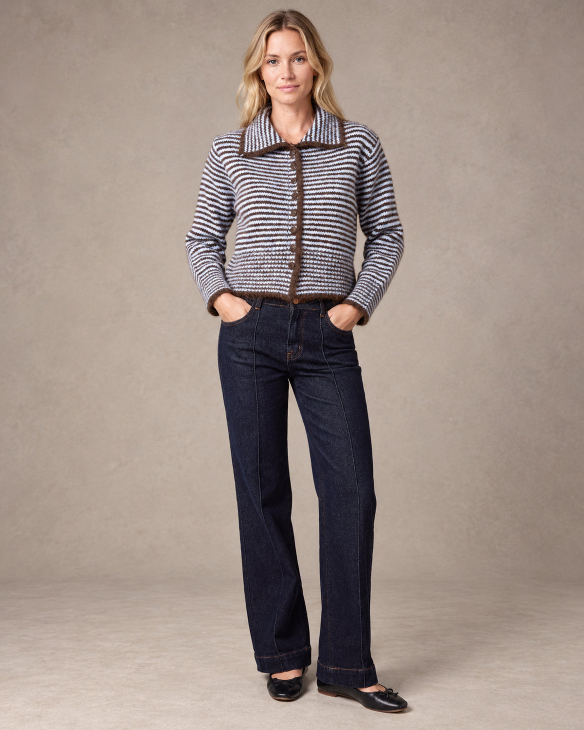 Mini Collar Striped Button Through Knit Cardigan