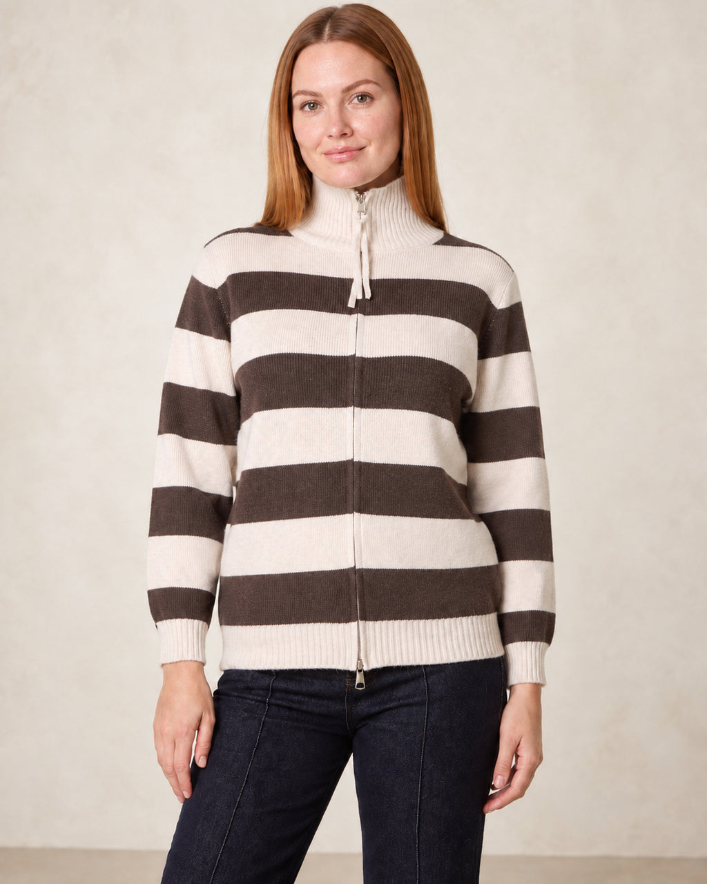 Striped Zip-Up Knit Cardigan