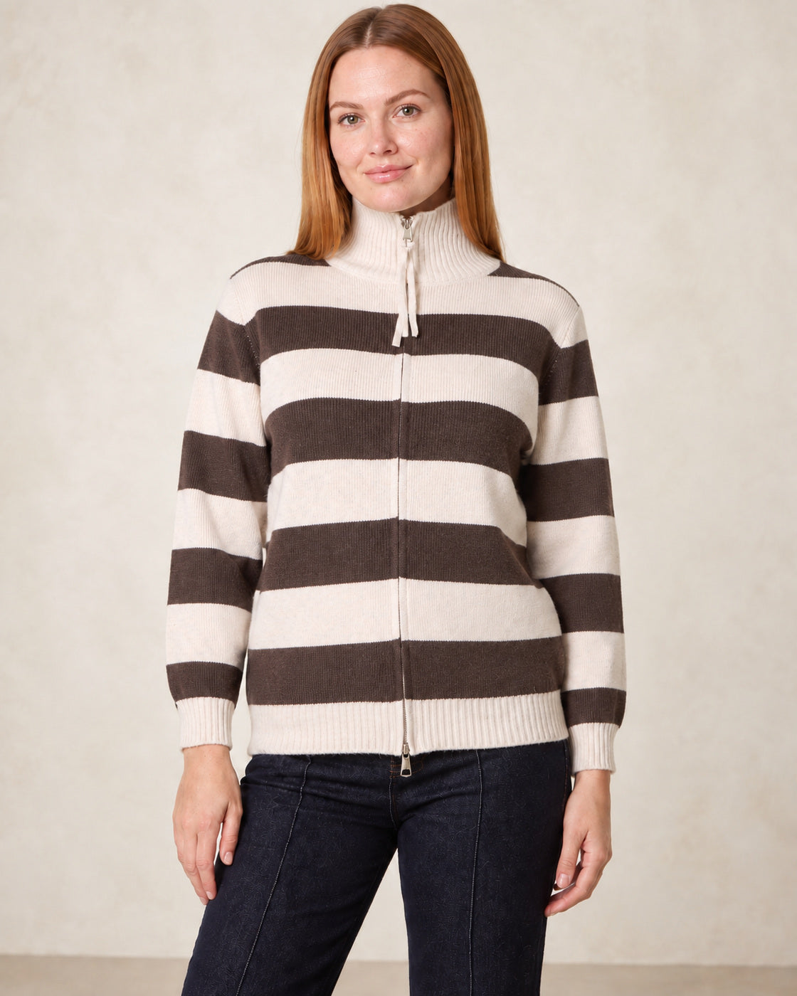 Striped Zip-Up Knit Cardigan