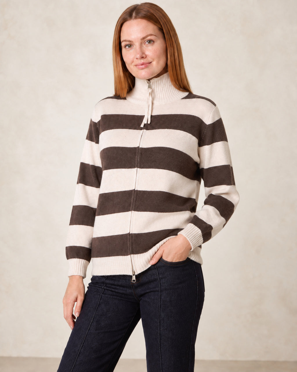 Striped Zip-Up Knit Cardigan