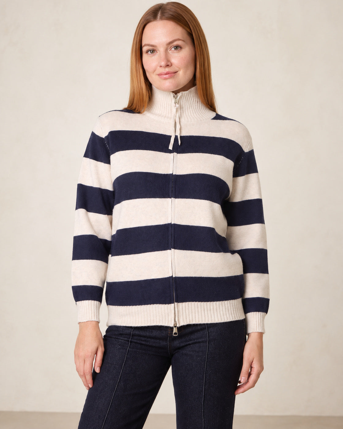 Striped Zip-Up Knit Cardigan