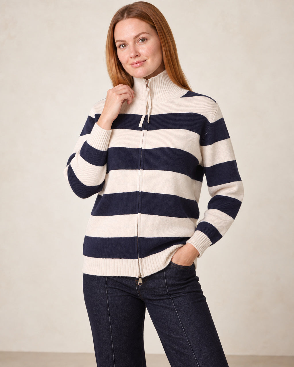 Striped Zip-Up Knit Cardigan