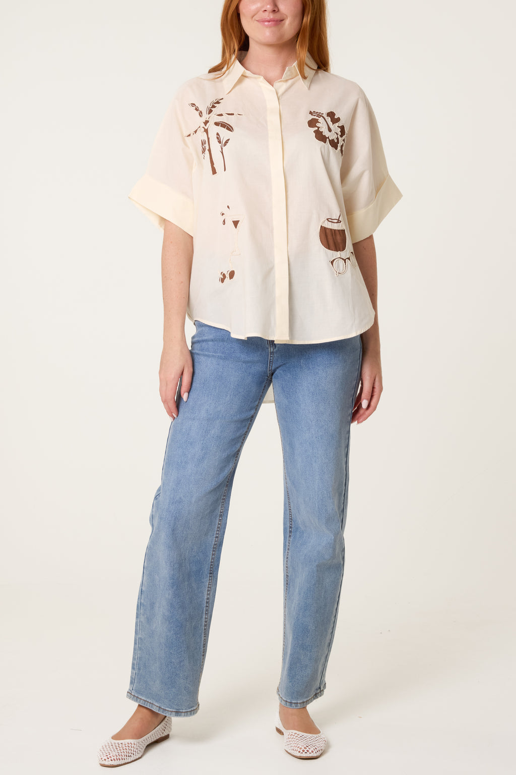 Tropical Embroidered Women’s Shirt – Cream Oversized Casual Blouse
