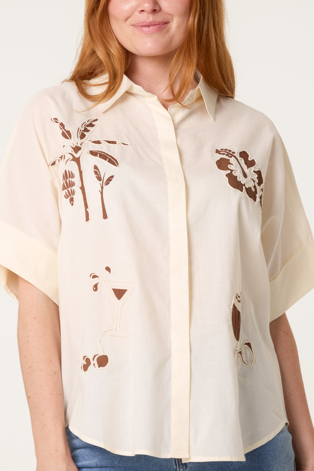 Tropical Embroidered Women’s Shirt – Cream Oversized Casual Blouse