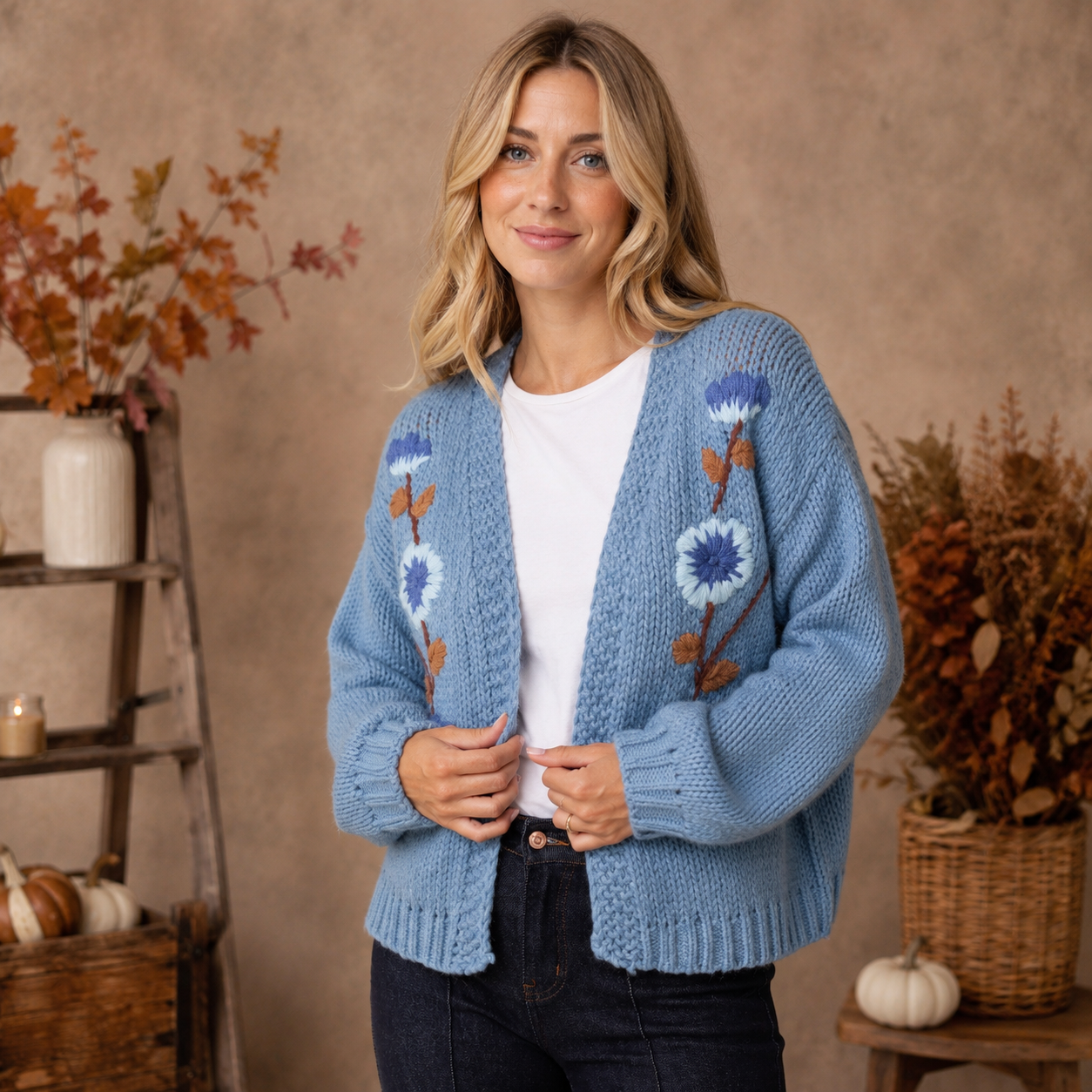 Embroidered Flower Chunky Knit Cardigan
