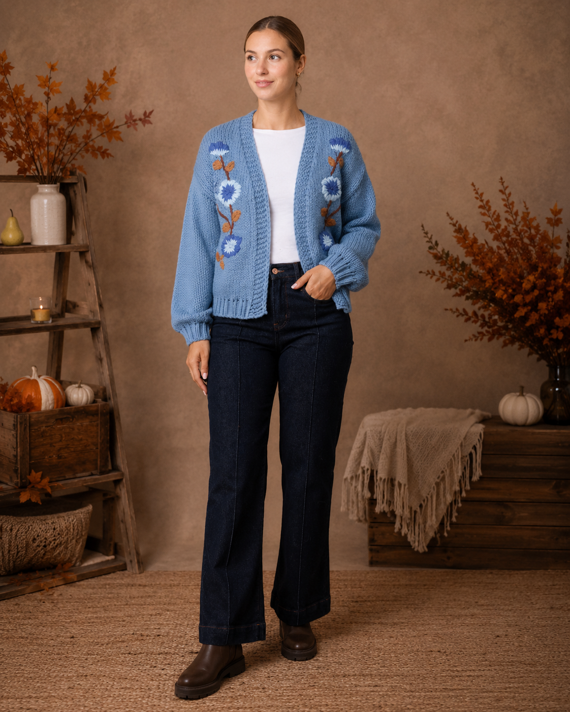 Embroidered Flower Chunky Knit Cardigan