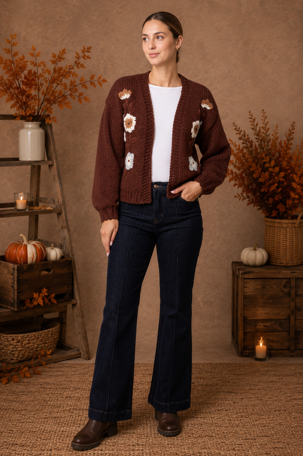 Embroidered Flower Chunky Knit Cardigan