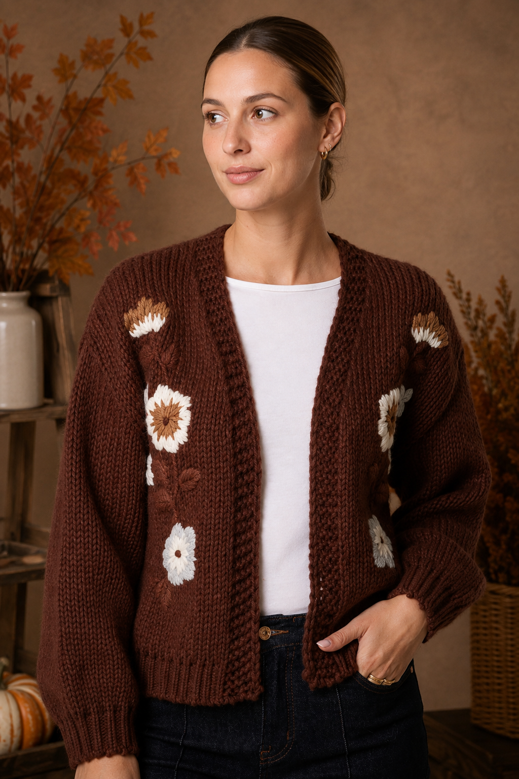 Embroidered Flower Chunky Knit Cardigan