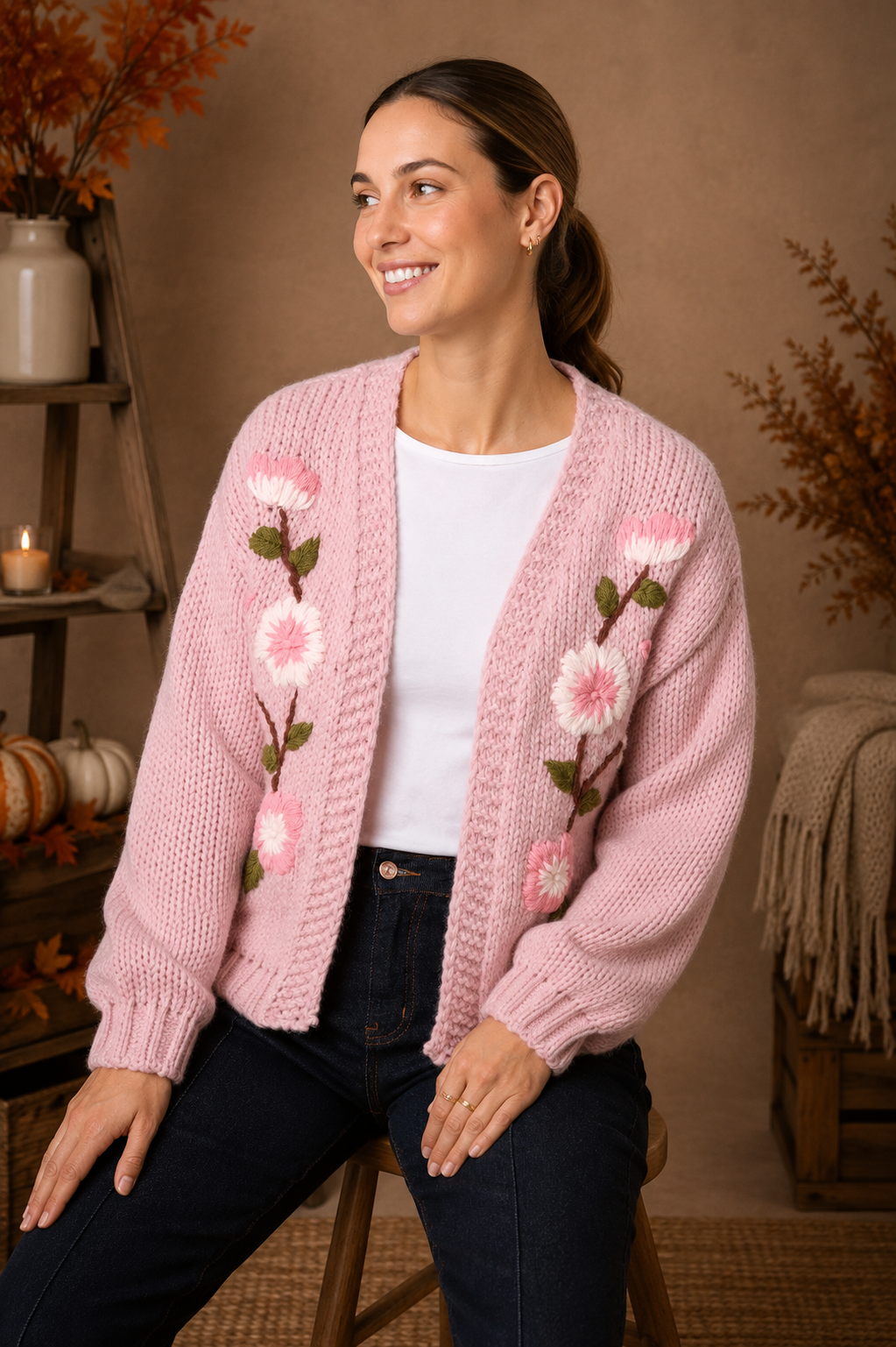 Embroidered Flower Chunky Knit Cardigan