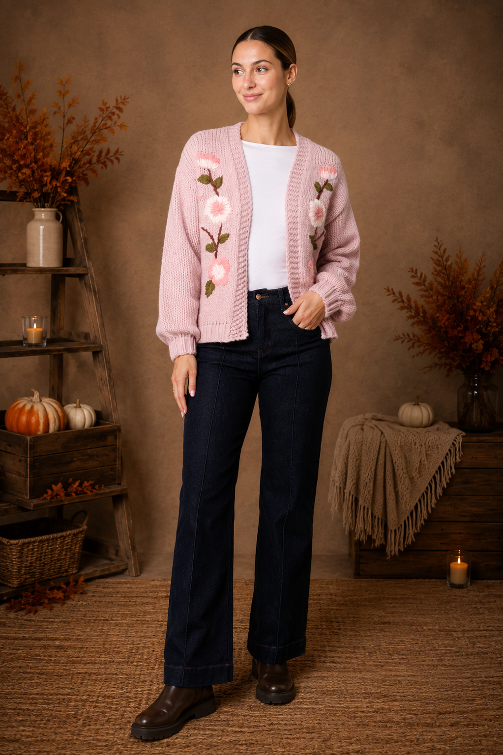 Embroidered Flower Chunky Knit Cardigan