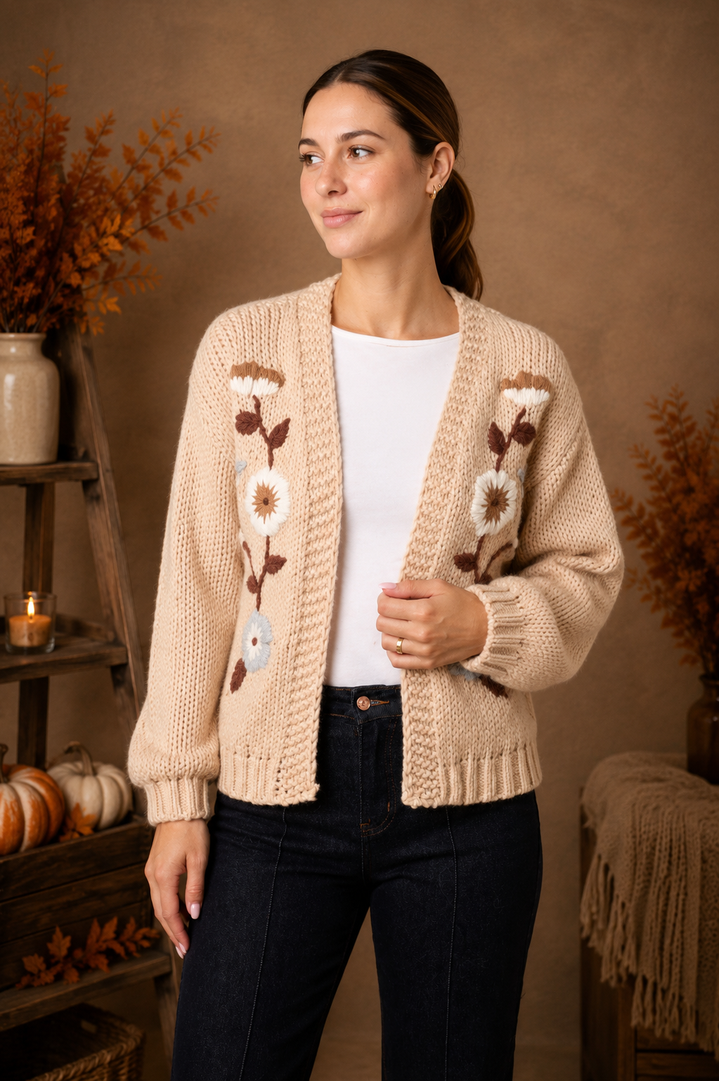 Embroidered Flower Chunky Knit Cardigan