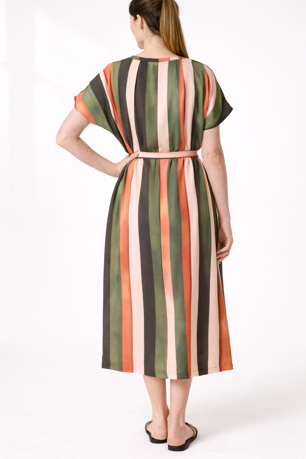 Striped Midi Shirt Dress – Belted Button-Down Summer Dress with Short Sleeves