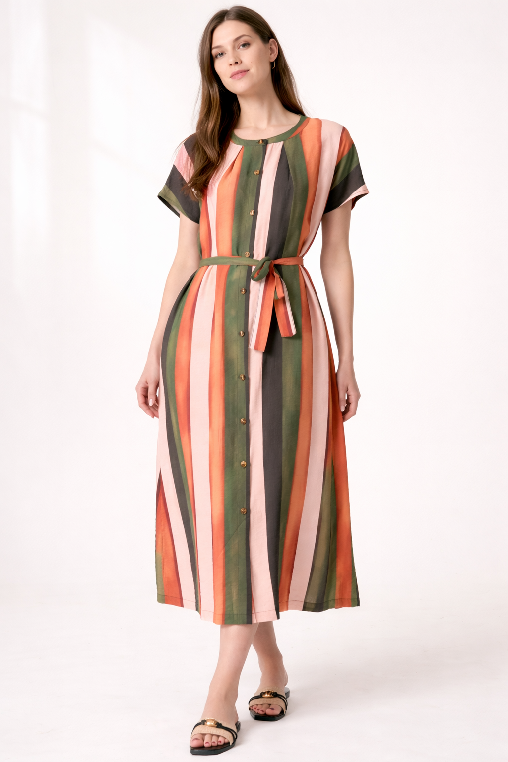 Striped Midi Shirt Dress – Belted Button-Down Summer Dress with Short Sleeves