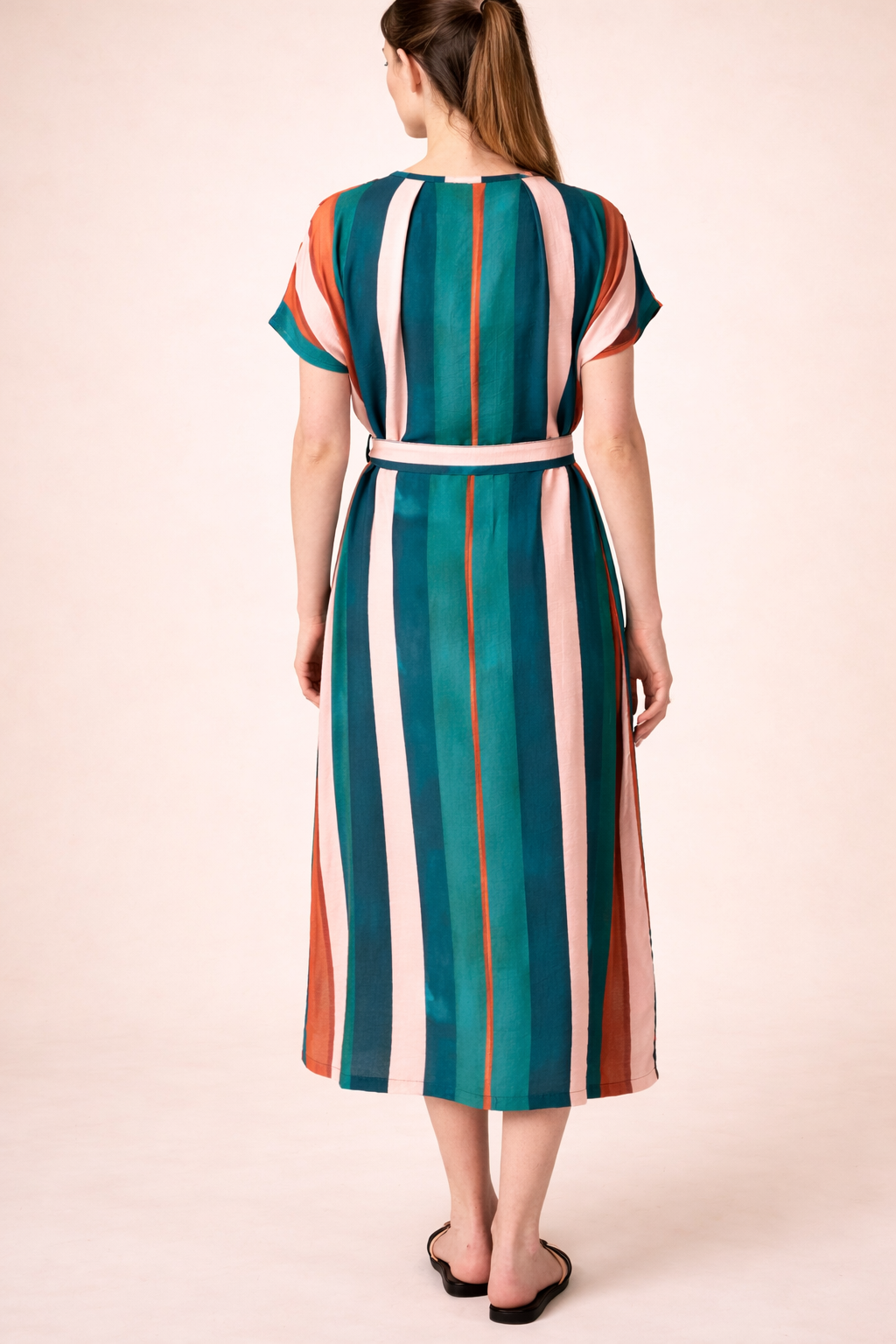 Striped Midi Shirt Dress – Belted Button-Down Summer Dress with Short Sleeves