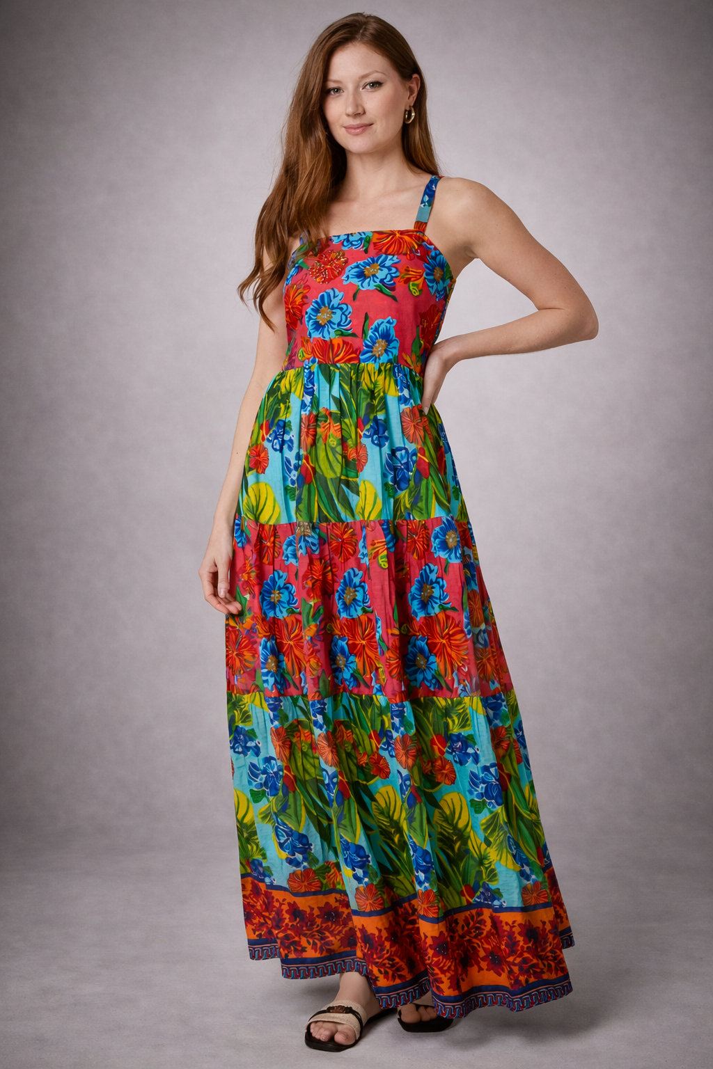 Colorful Floral Maxi Dress for Women – Tiered Summer Beach Dress with Adjustable Straps