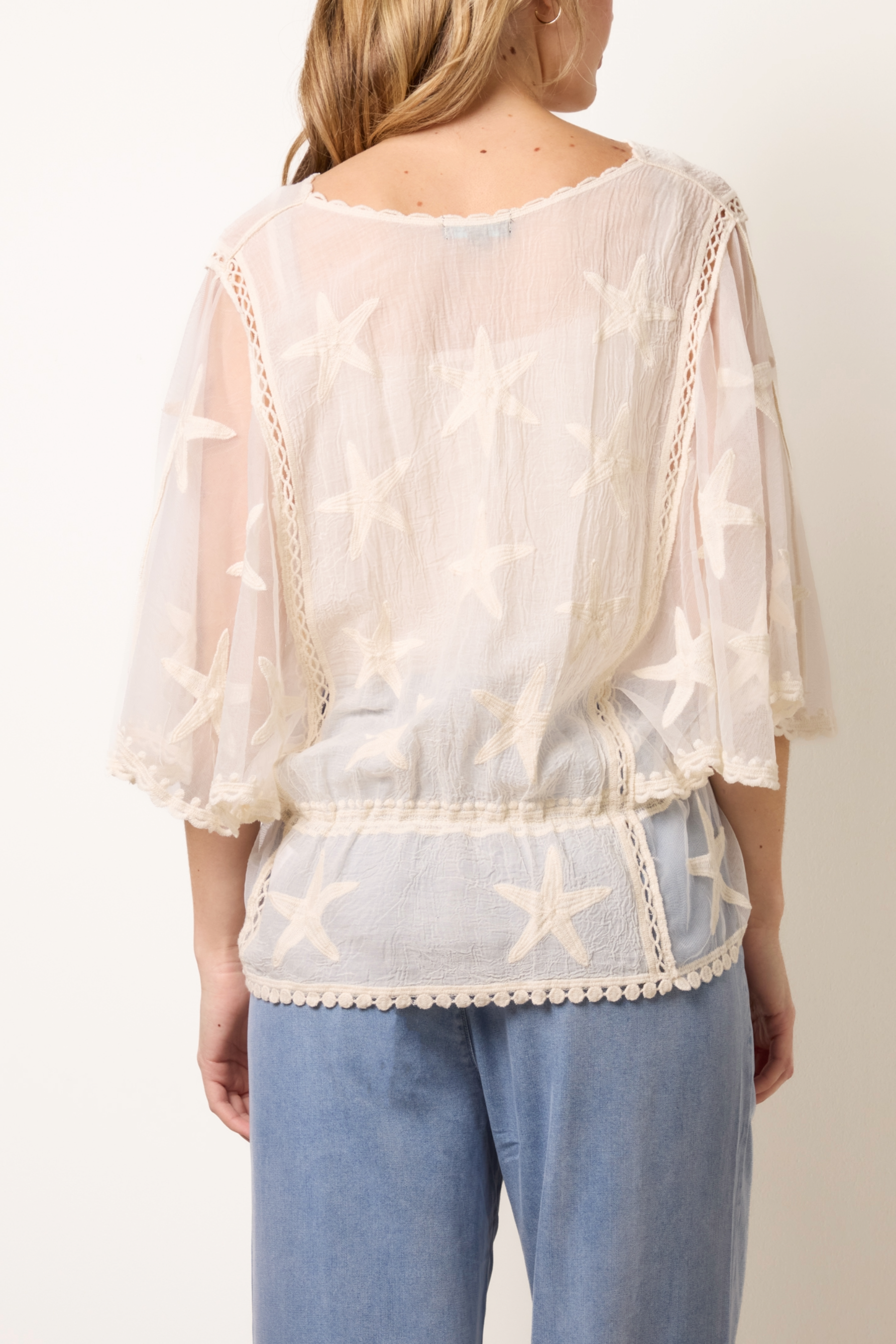Women’s Star Embroidered Lace Sleeve Blouse – Elegant Sheer Top