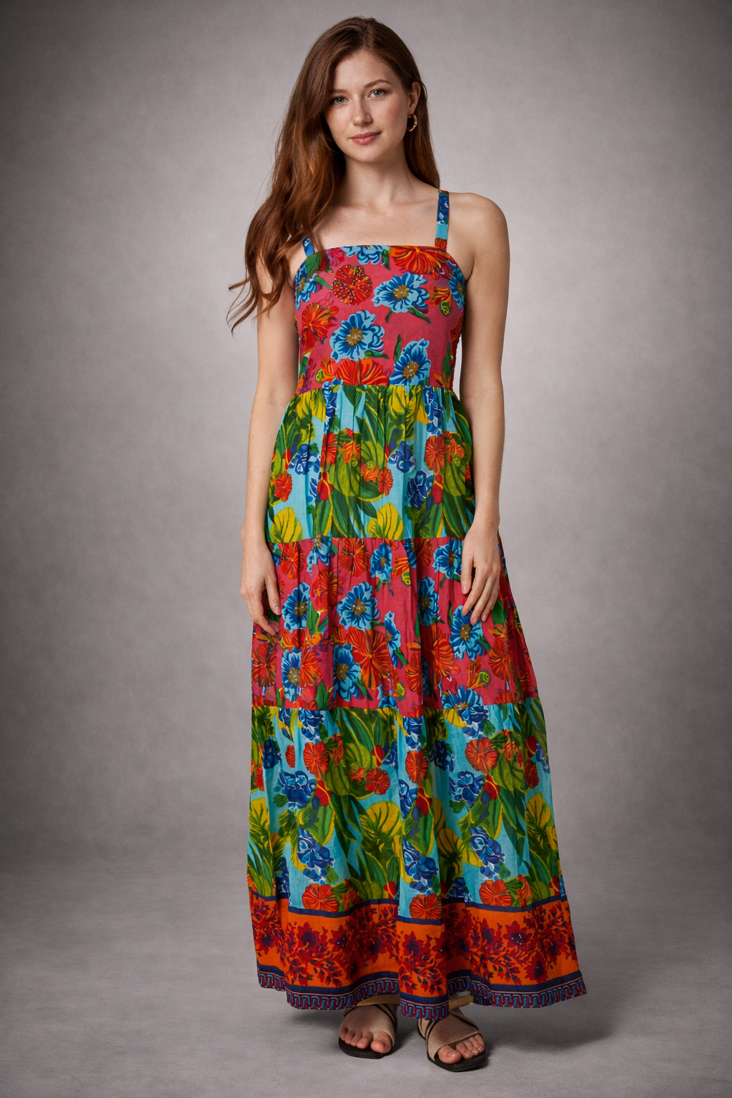 Colorful Floral Maxi Dress for Women – Tiered Summer Beach Dress with Adjustable Straps