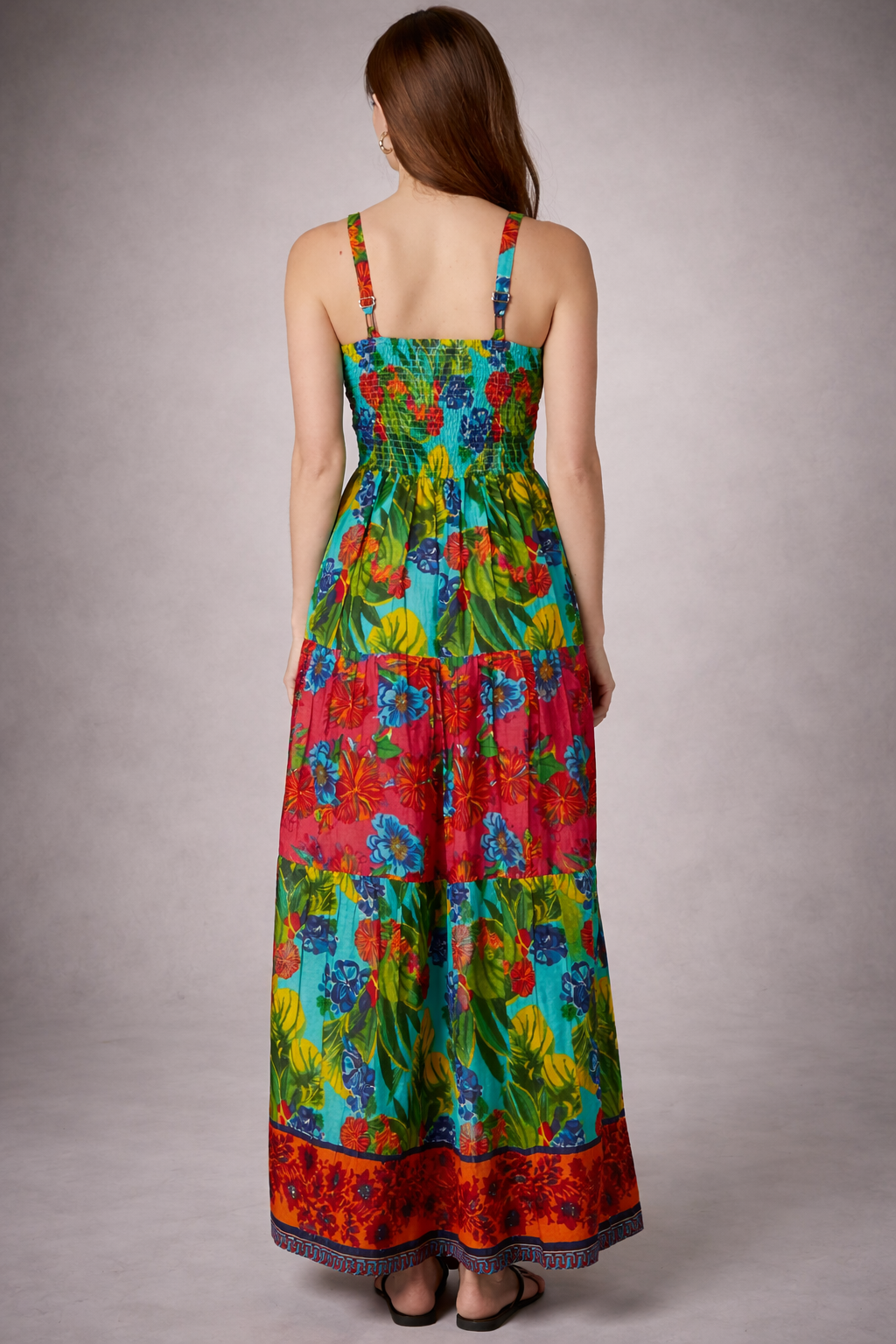 Colorful Floral Maxi Dress for Women – Tiered Summer Beach Dress with Adjustable Straps