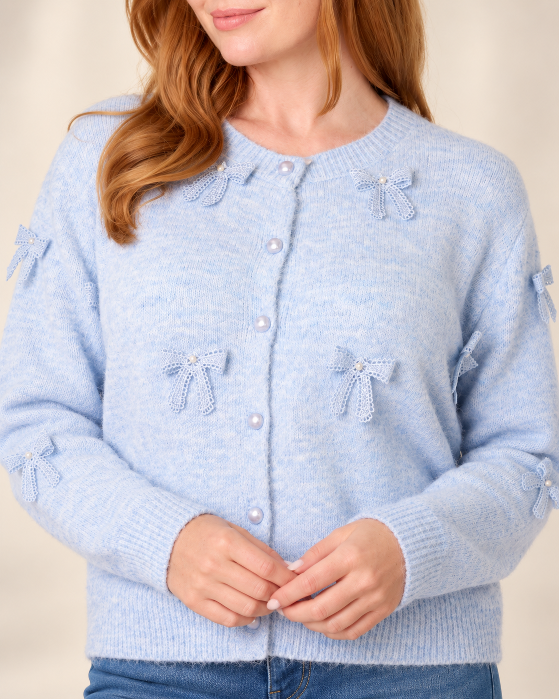Wool Blend Bow Detail Pearl Button-Through Knit Cardigan