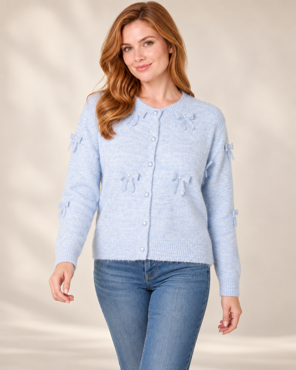 Wool Blend Bow Detail Pearl Button-Through Knit Cardigan