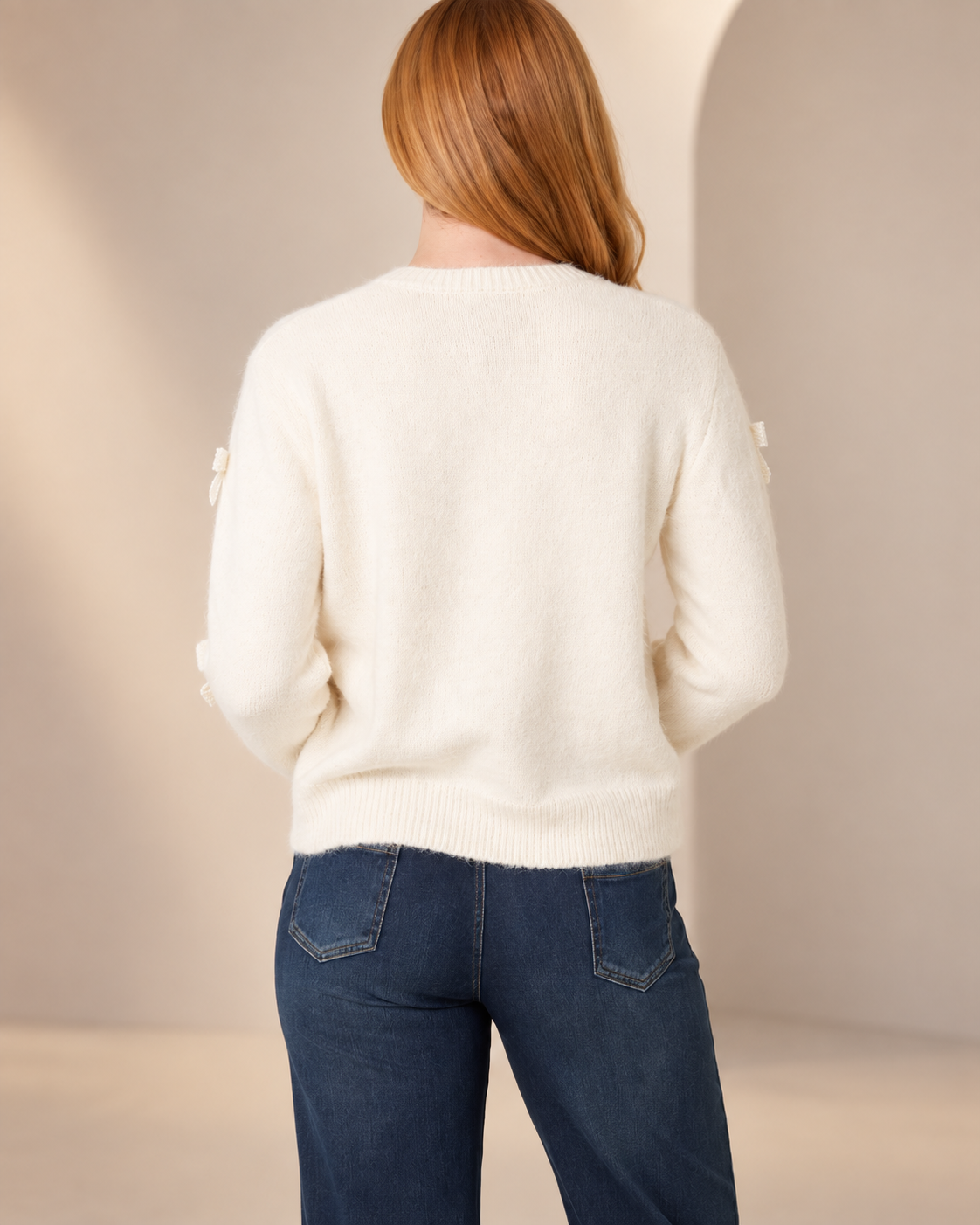 Wool Blend Bow Detail Pearl Button-Through Knit Cardigan