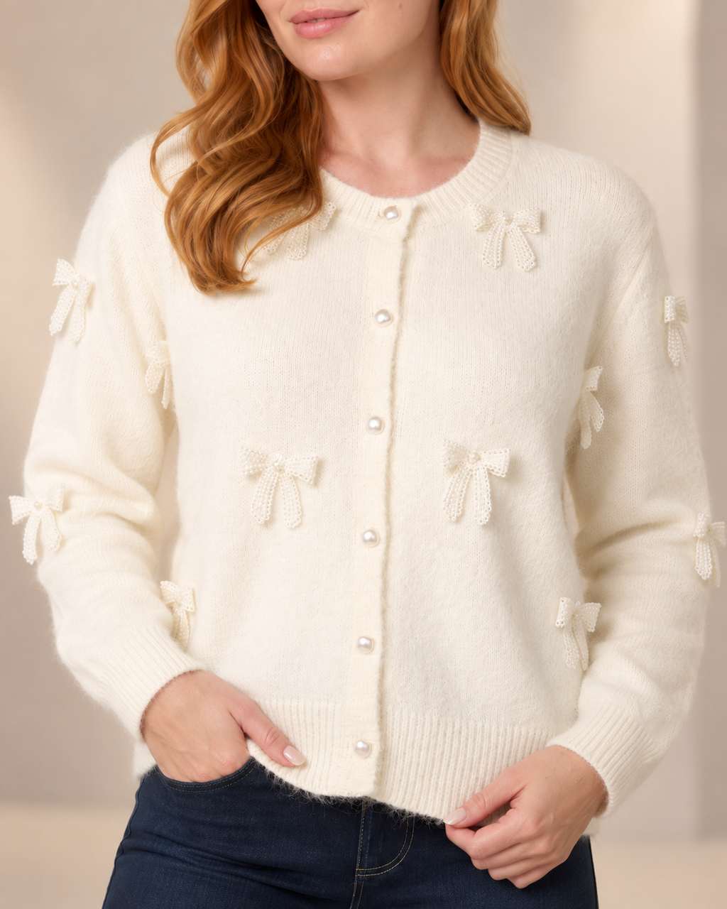 Wool Blend Bow Detail Pearl Button-Through Knit Cardigan