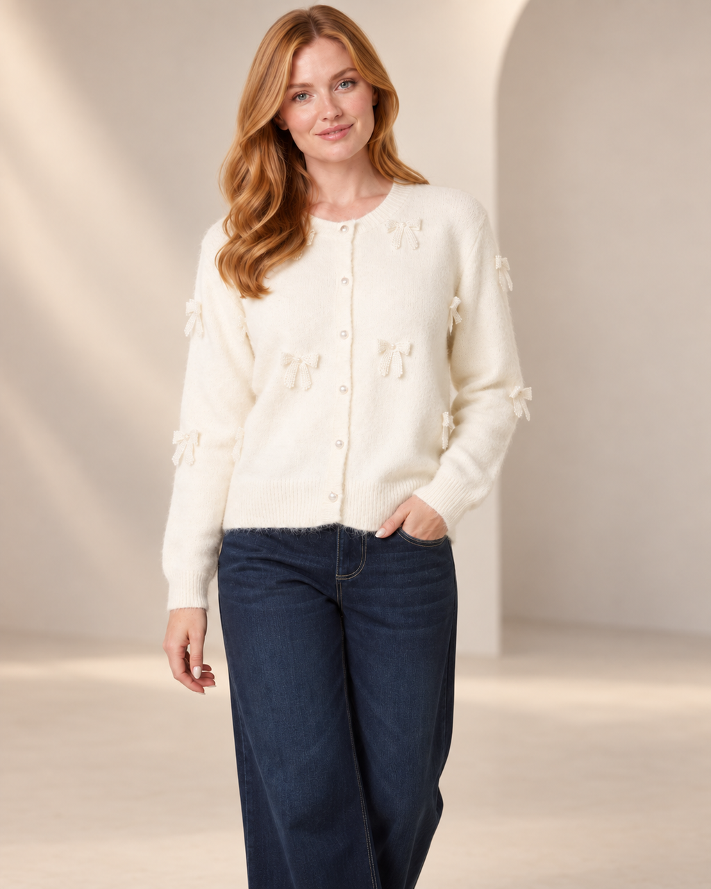 Wool Blend Bow Detail Pearl Button-Through Knit Cardigan