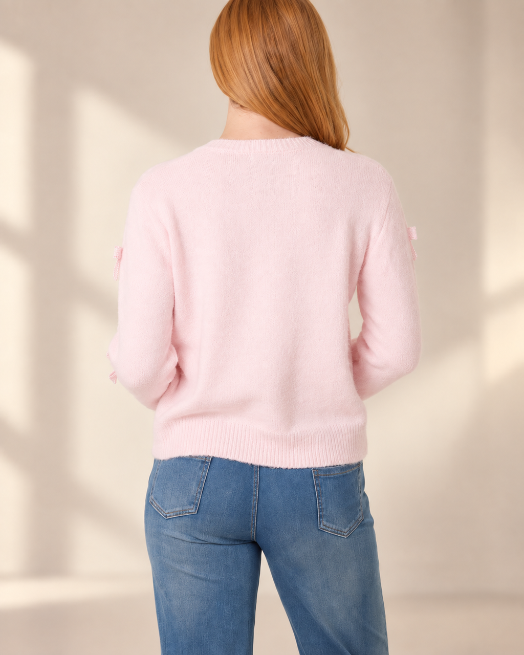 Wool Blend Bow Detail Pearl Button-Through Knit Cardigan