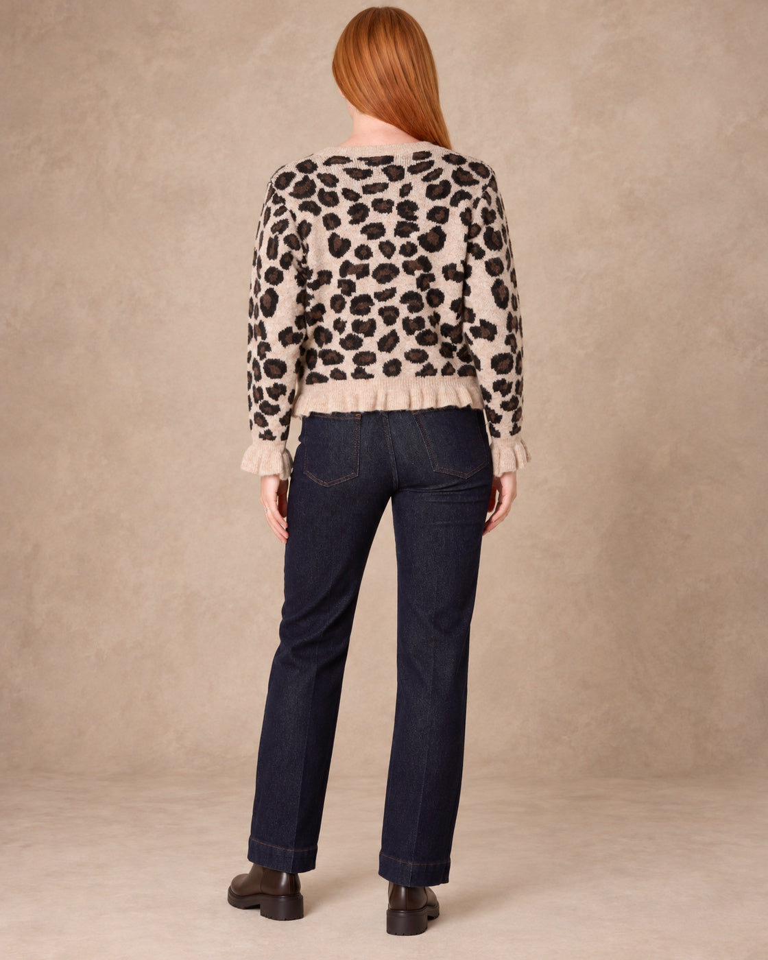 Ruffled Leopard Print Button-Through Knit Cardigan