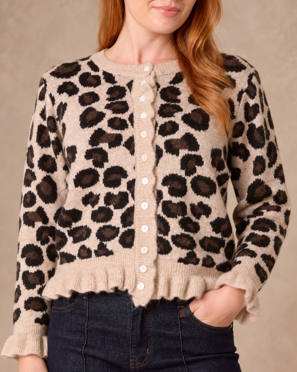 Ruffled Leopard Print Button-Through Knit Cardigan