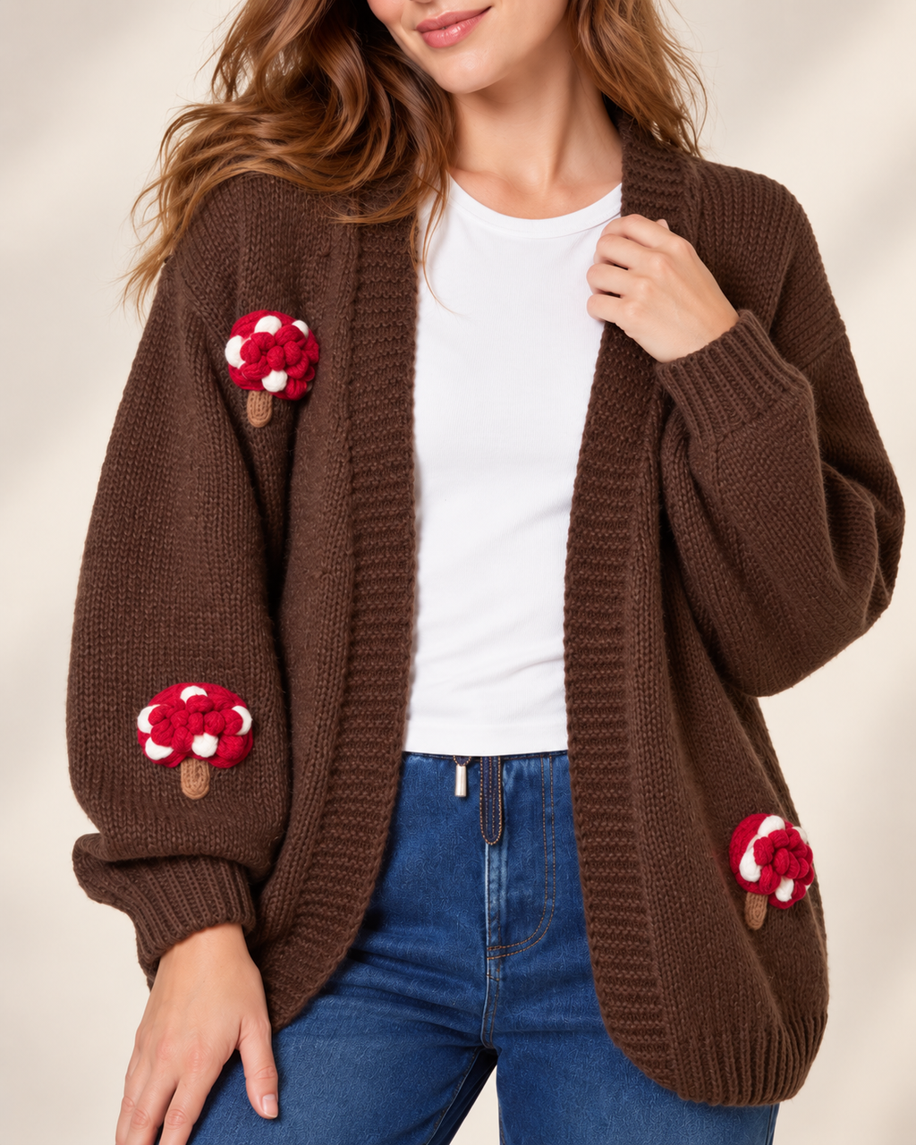 Mushroom Embroidered Knit Cardigan