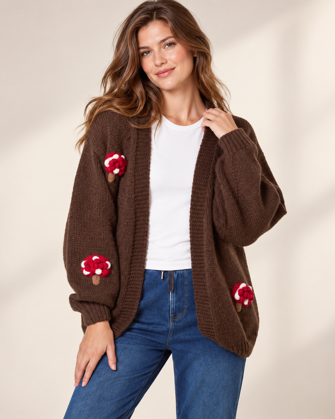 Mushroom Embroidered Knit Cardigan