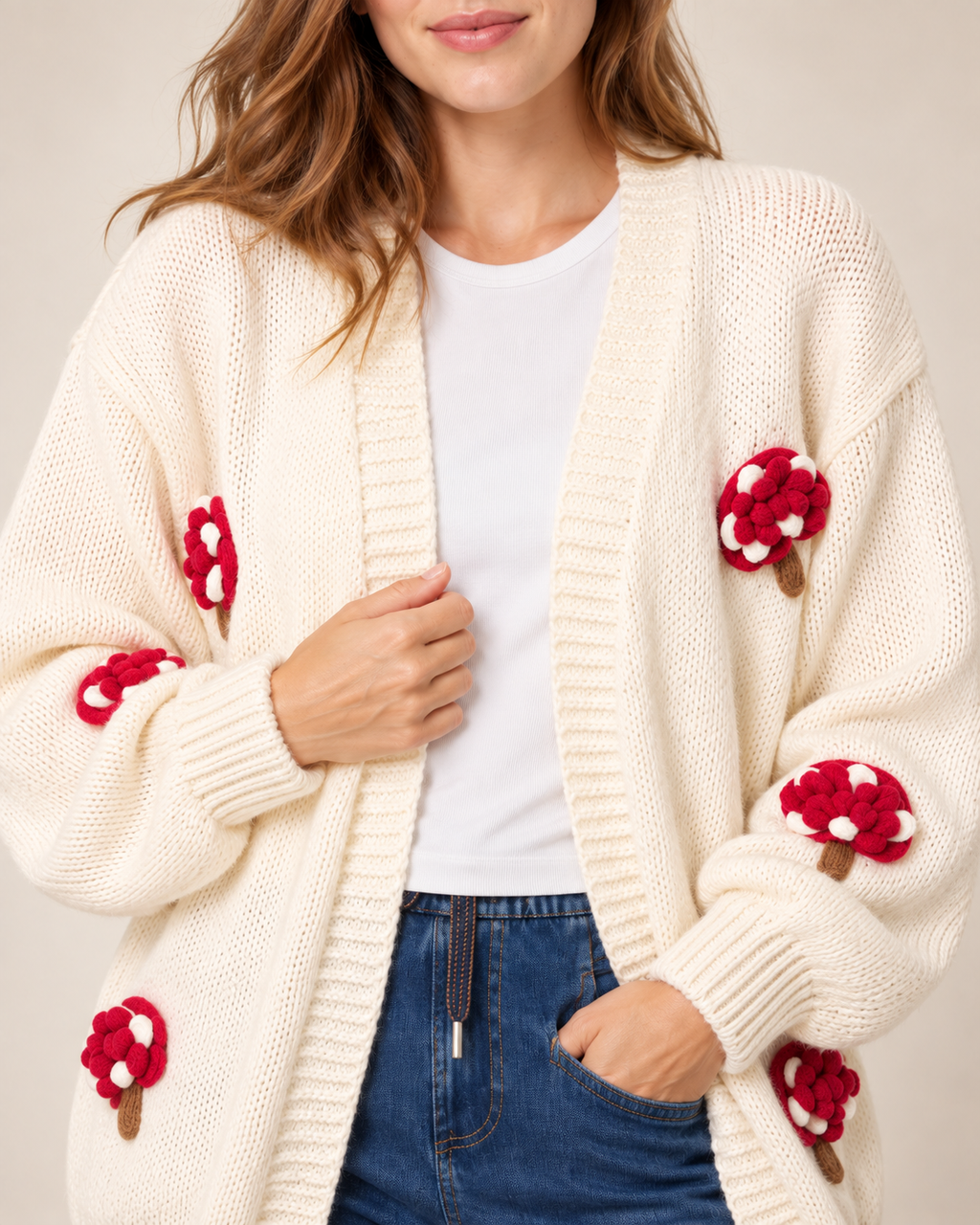 Mushroom Embroidered Knit Cardigan