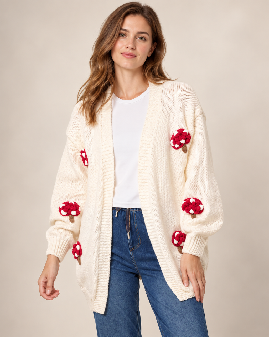 Mushroom Embroidered Knit Cardigan