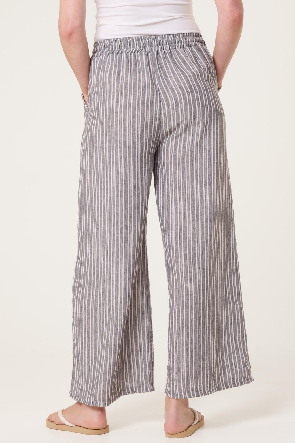 Striped Cotton Blend Wide Leg Trousers, Elastic Waist Lounge Pants