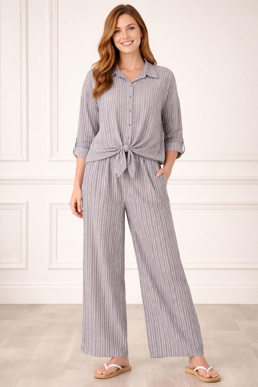 Striped Cotton Blend Front Knot Shirt, Oversized Button Down Blouse