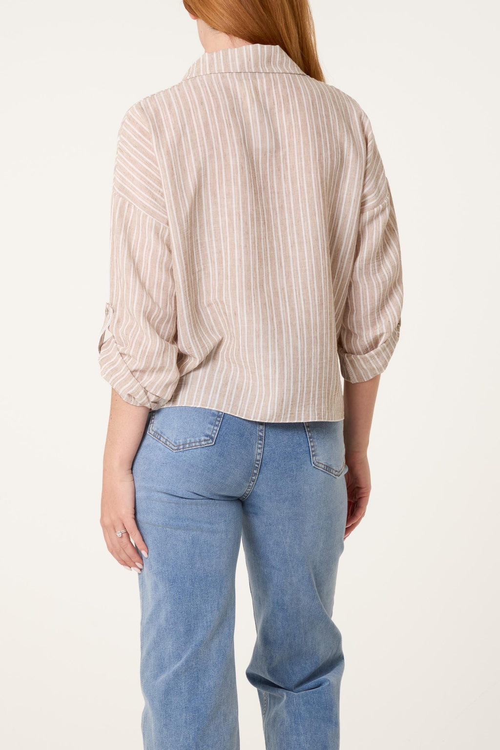 Striped Cotton Blend Front Knot Shirt, Oversized Button Down Blouse