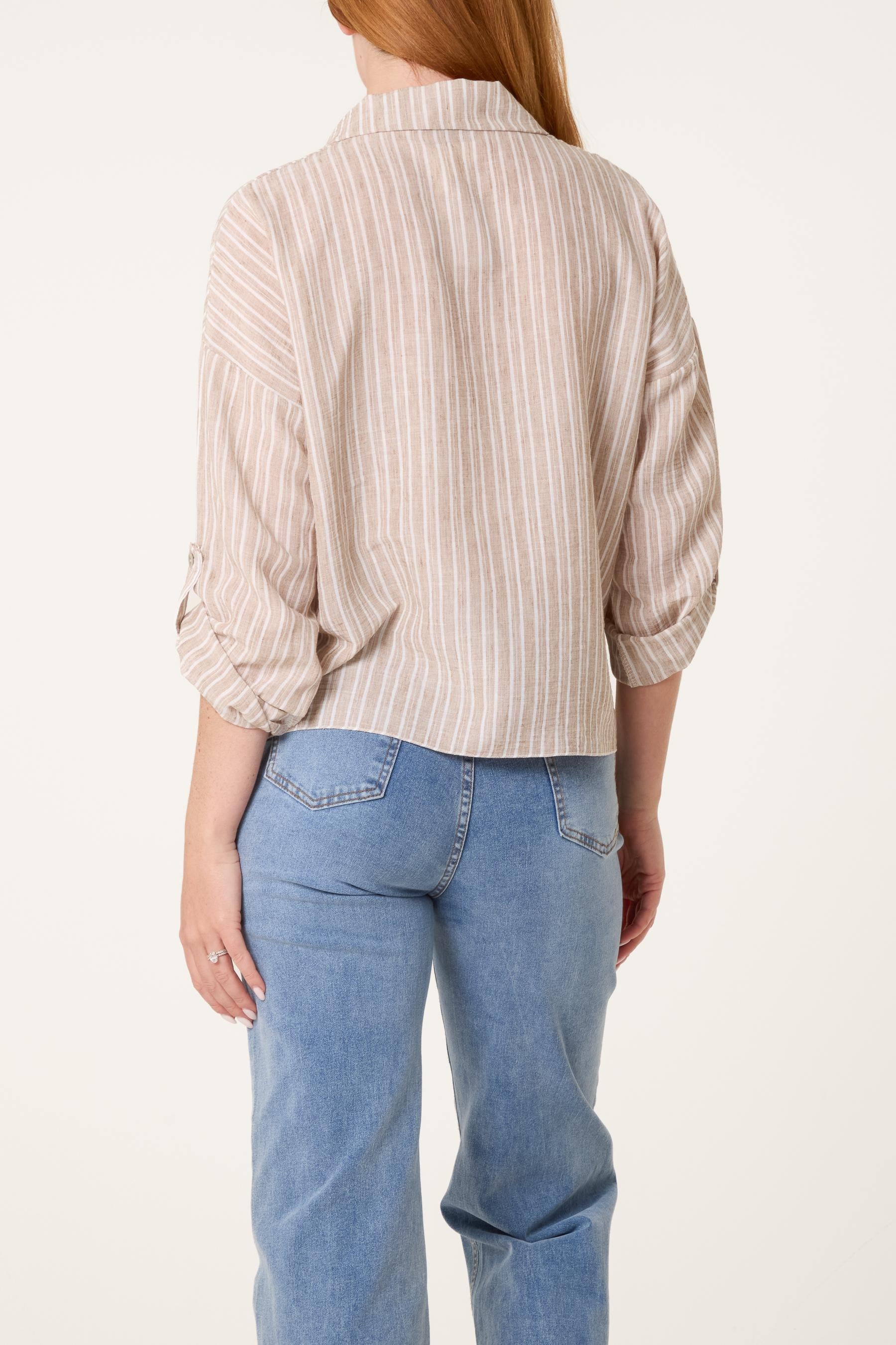 Striped Cotton Blend Front Knot Shirt, Oversized Button Down Blouse