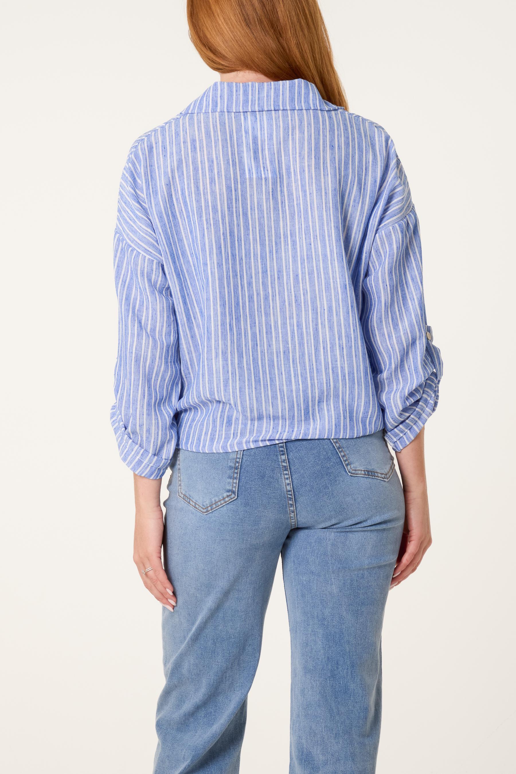 Striped Cotton Blend Front Knot Shirt, Oversized Button Down Blouse