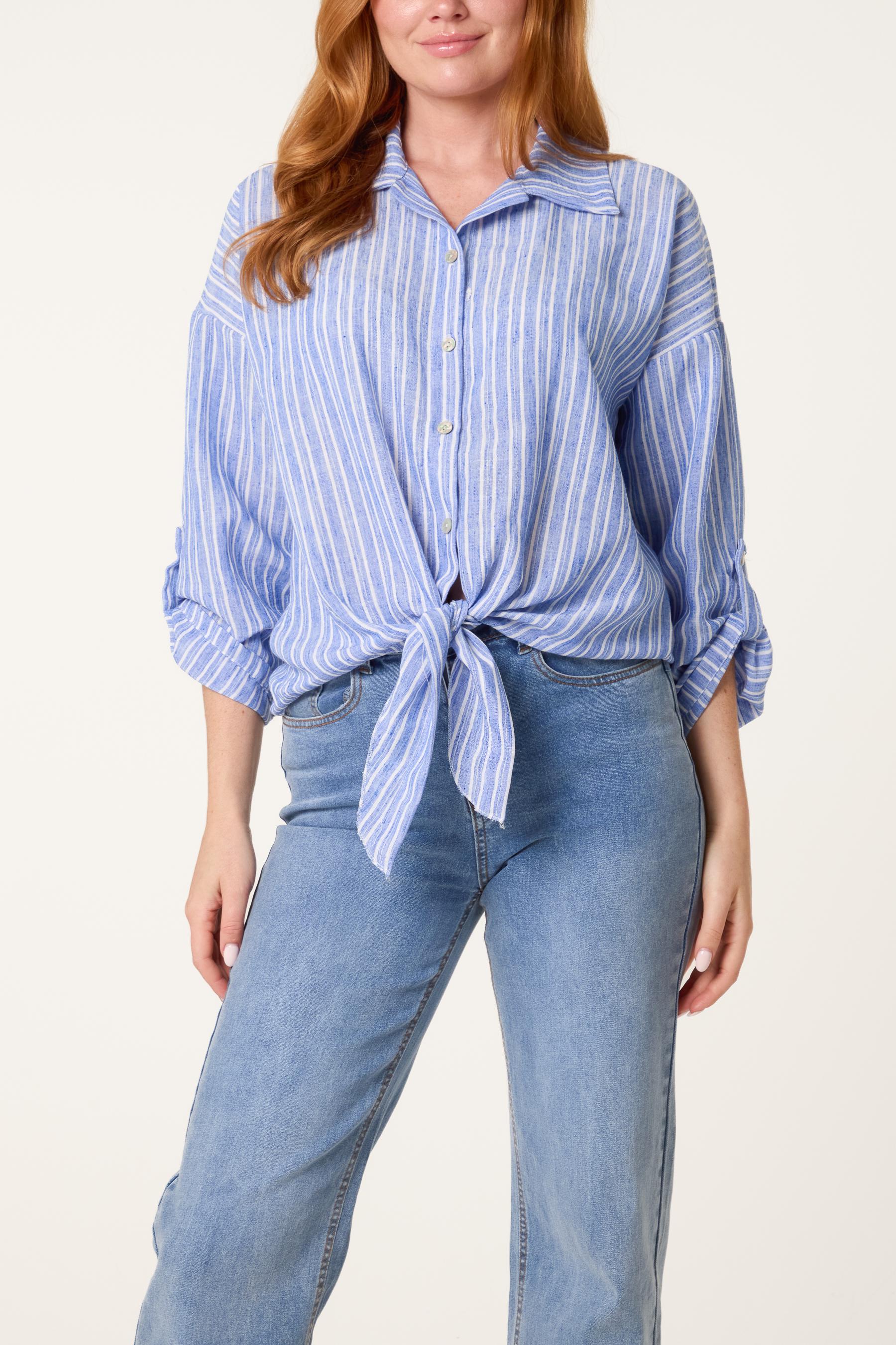 Striped Cotton Blend Front Knot Shirt, Oversized Button Down Blouse