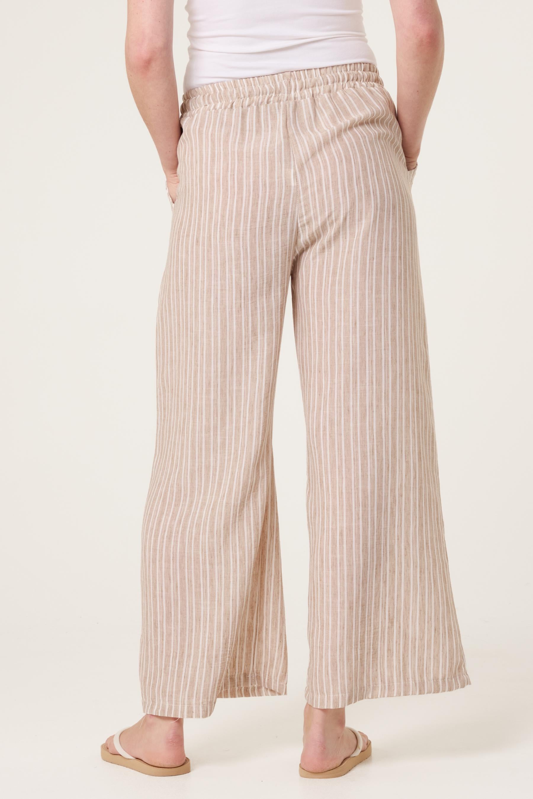 Striped Cotton Blend Wide Leg Trousers, Elastic Waist Lounge Pants