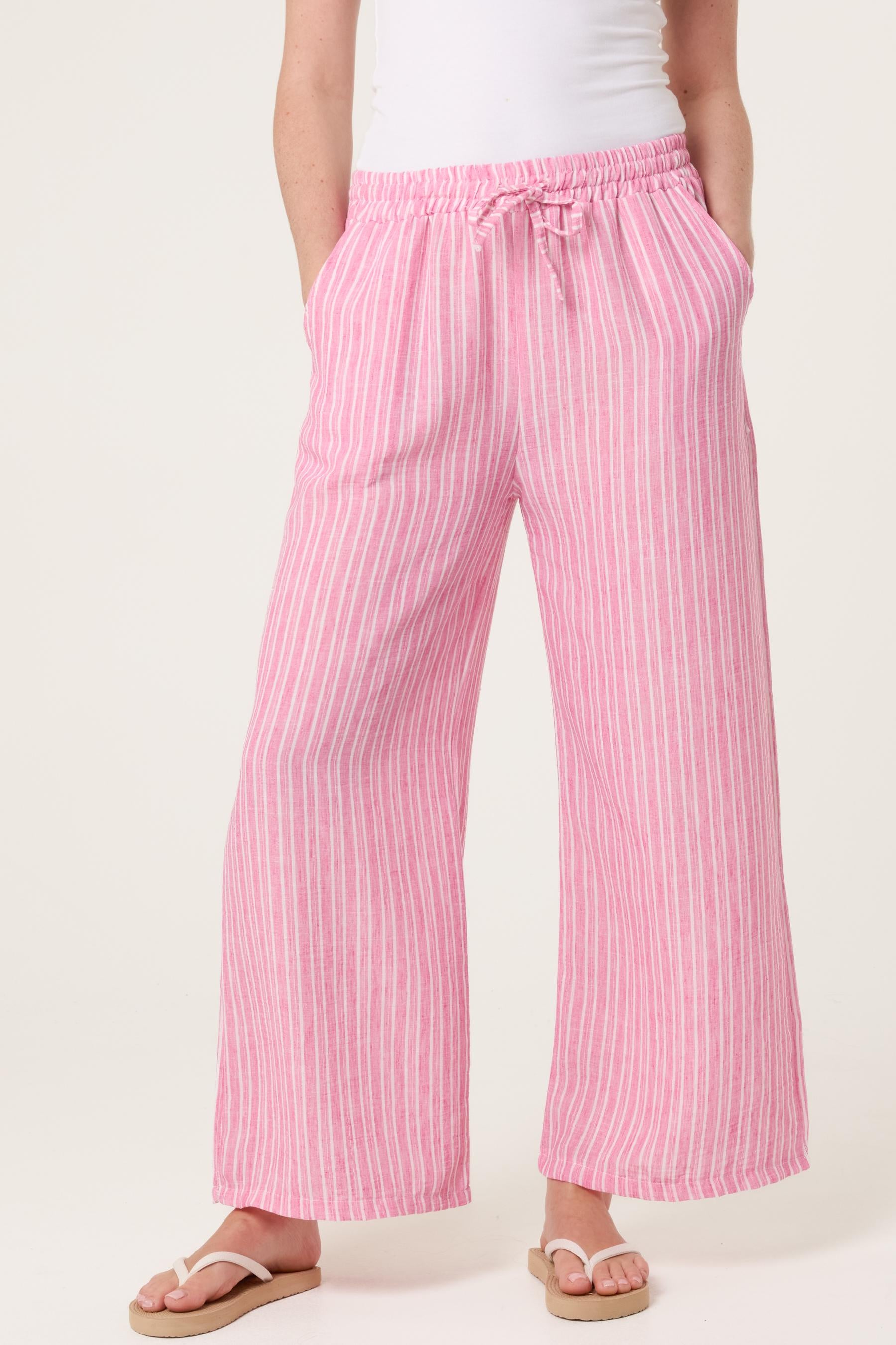 Striped Cotton Blend Wide Leg Trousers, Elastic Waist Lounge Pants